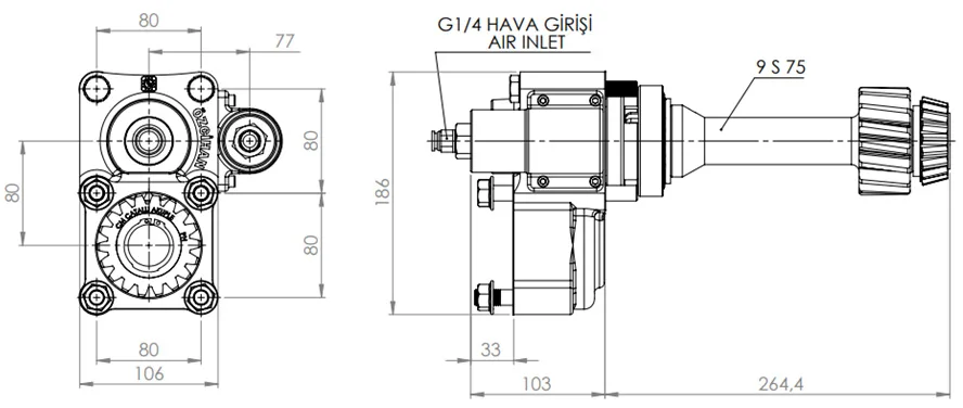 CTM 001 AC1F PTO teknik çizimi — kesit, ölçü ve montaj şeması