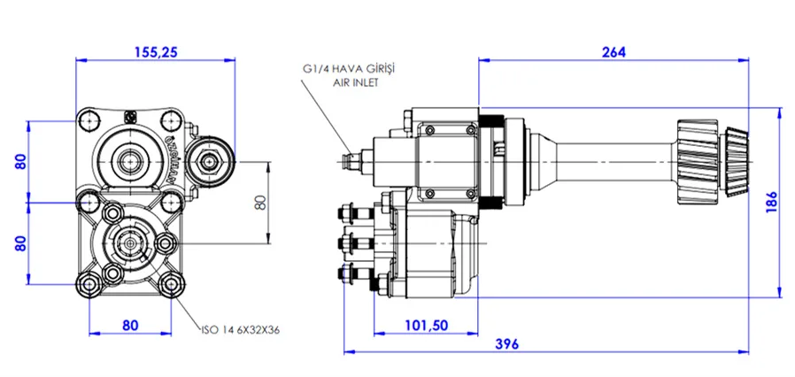 CTM 001 AC2F PTO teknik çizimi — kesit, ölçü ve montaj şeması