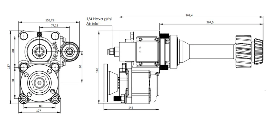 CTM 001 AD1F PTO teknik çizimi — kesit, ölçü ve montaj şeması