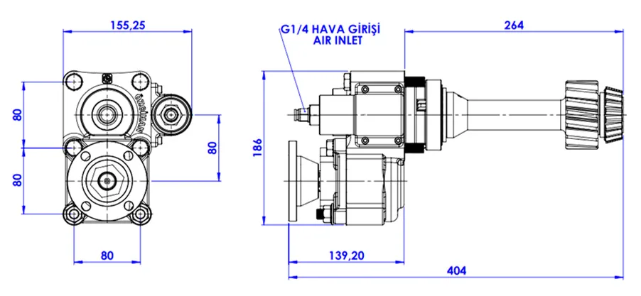 CTM 001 ADF PTO teknik çizimi — kesit, ölçü ve montaj şeması