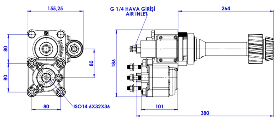 CTM 001 AEF PTO teknik çizimi — kesit, ölçü ve montaj şeması