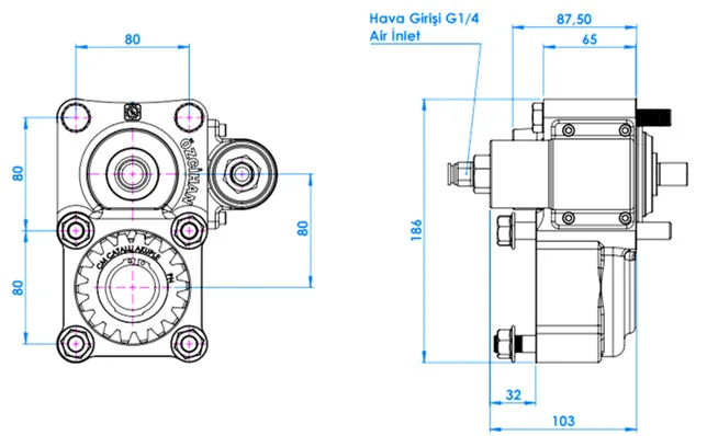 CTM 002 AC1 PTO teknik çizimi — kesit, ölçü ve montaj şeması