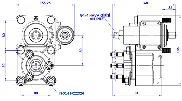 CTM 002 AC2 PTO teknik çizimi — kesit, ölçü ve montaj şeması