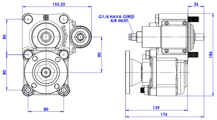 CTM 002 AD1 PTO teknik çizimi — kesit, ölçü ve montaj şeması