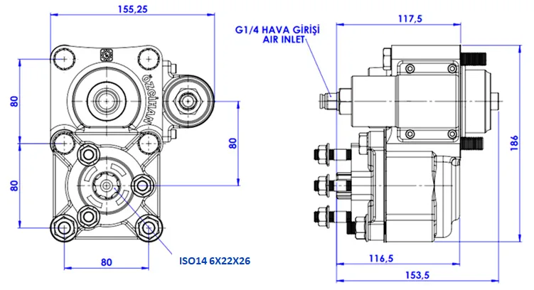 CTM 002 AE PTO teknik çizimi — kesit, ölçü ve montaj şeması