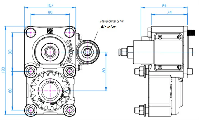 CTM 003 AC1 PTO teknik çizimi — kesit, ölçü ve montaj şeması