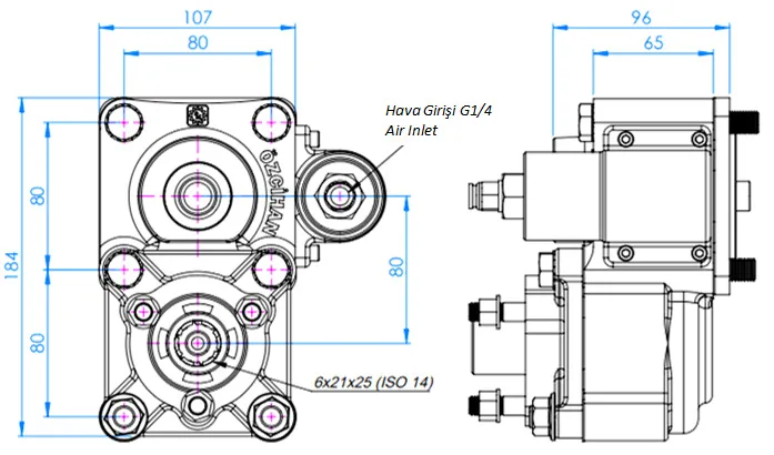 CTM 003 AC2 PTO teknik çizimi — kesit, ölçü ve montaj şeması