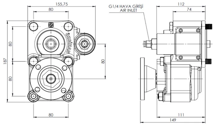 CTM 003 AD PTO teknik çizimi — kesit, ölçü ve montaj şeması