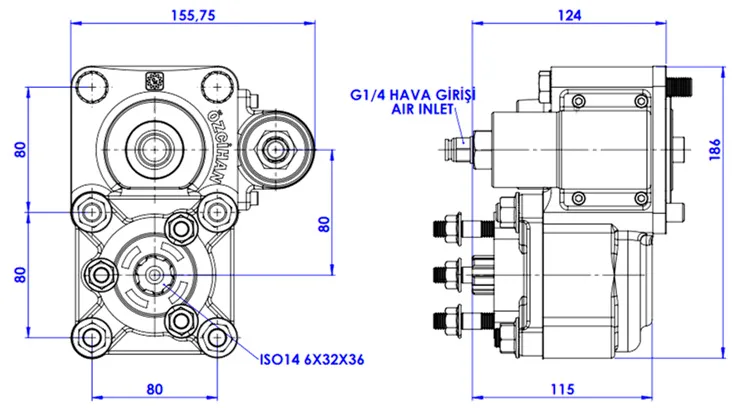 CTM 003 AE PTO teknik çizimi — kesit, ölçü ve montaj şeması