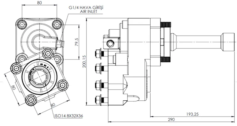 CTM 005 A1 3XF PTO teknik çizimi — kesit, ölçü ve montaj şeması