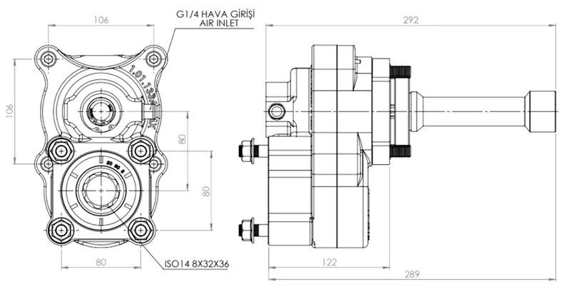 CTM 005 A1 4XF PTO teknik çizimi — kesit, ölçü ve montaj şeması