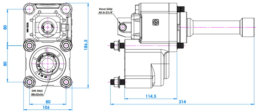 CTM 005 A1F PTO teknik çizimi — kesit, ölçü ve montaj şeması