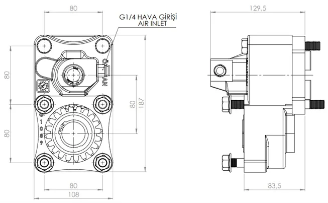 CTM 005 AC1F PTO teknik çizimi — kesit, ölçü ve montaj şeması