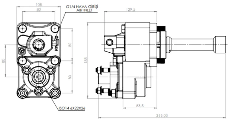 CTM 005 AC2F PTO teknik çizimi — kesit, ölçü ve montaj şeması