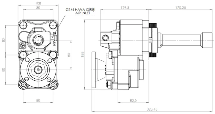 CTM 005 ADF PTO teknik çizimi — kesit, ölçü ve montaj şeması