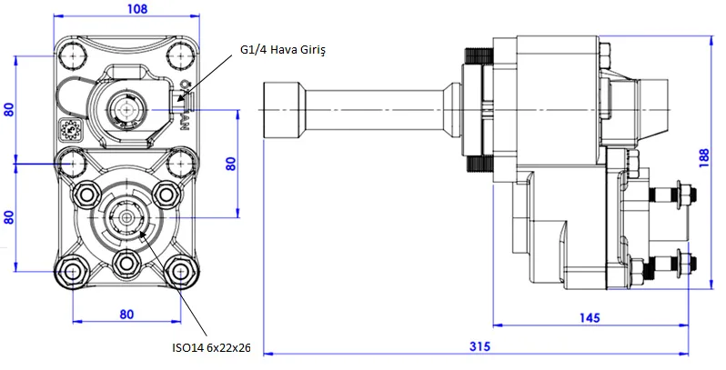 CTM 005 AEF PTO teknik çizimi — kesit, ölçü ve montaj şeması