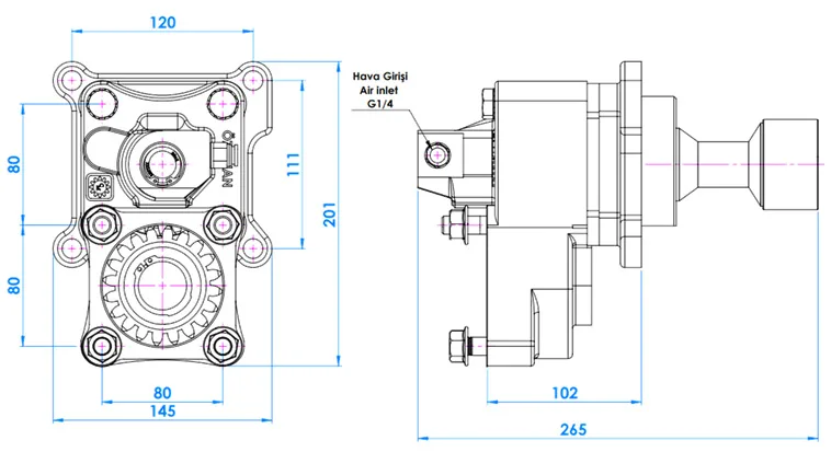 CTM 006 AC1F PTO teknik çizimi — kesit, ölçü ve montaj şeması