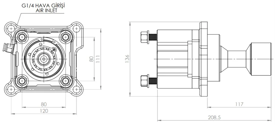 CTM 006 AC1TF PTO teknik çizimi — kesit, ölçü ve montaj şeması