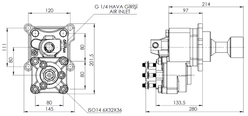 CTM 006 AC2F PTO teknik çizimi — kesit, ölçü ve montaj şeması