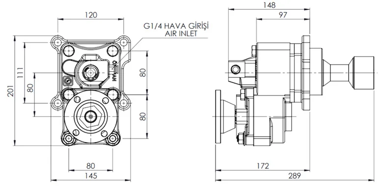 CTM 006 AD1F PTO teknik çizimi — kesit, ölçü ve montaj şeması