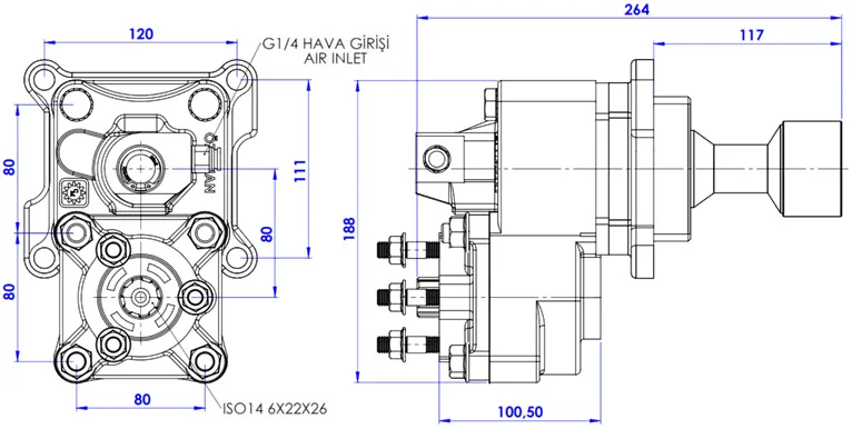 CTM 006 AEF PTO teknik çizimi — kesit, ölçü ve montaj şeması