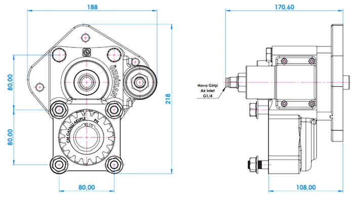 CTM 007 AC1 PTO teknik çizimi — kesit, ölçü ve montaj şeması