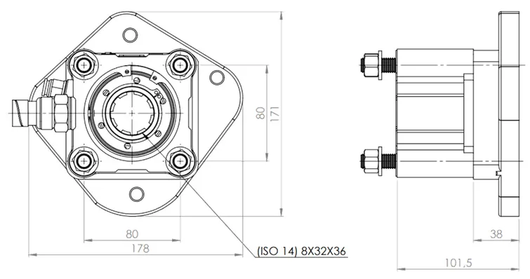 CTM 007 AC1 T PTO teknik çizimi — kesit, ölçü ve montaj şeması