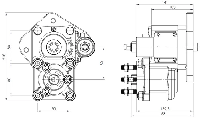 CTM 007 AC2 PTO teknik çizimi — kesit, ölçü ve montaj şeması