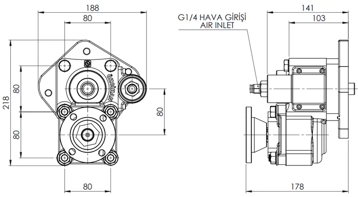 CTM 007 AD PTO teknik çizimi — kesit, ölçü ve montaj şeması