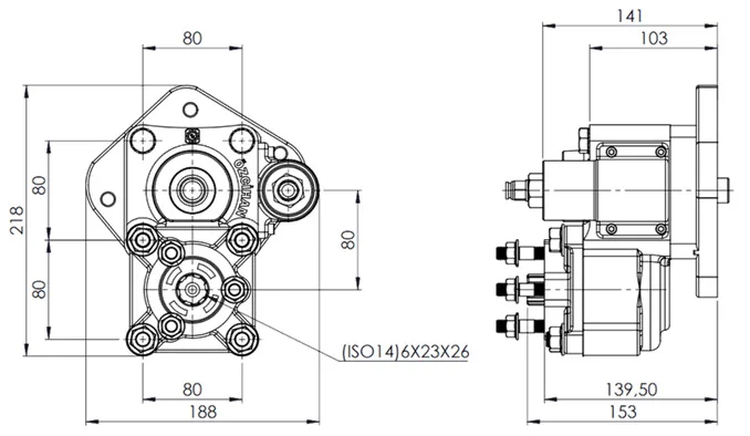 CTM 007 AE PTO teknik çizimi — kesit, ölçü ve montaj şeması