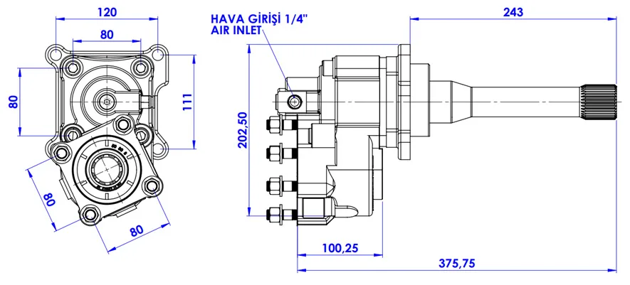 CTM 008 A13XF PTO teknik çizimi — kesit, ölçü ve montaj şeması