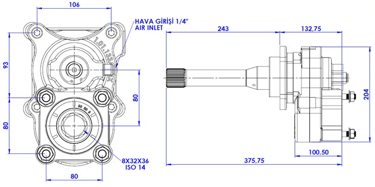 CTM 008 A14XF PTO teknik çizimi — kesit, ölçü ve montaj şeması