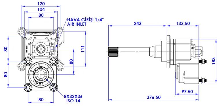 CTM 008 A1F PTO teknik çizimi — kesit, ölçü ve montaj şeması