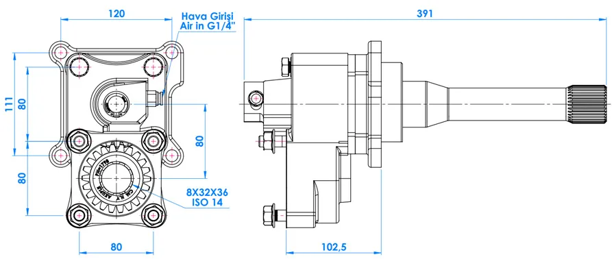 CTM 008 AC1F PTO teknik çizimi — kesit, ölçü ve montaj şeması