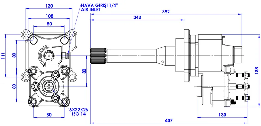 CTM 008 AC2F PTO teknik çizimi — kesit, ölçü ve montaj şeması