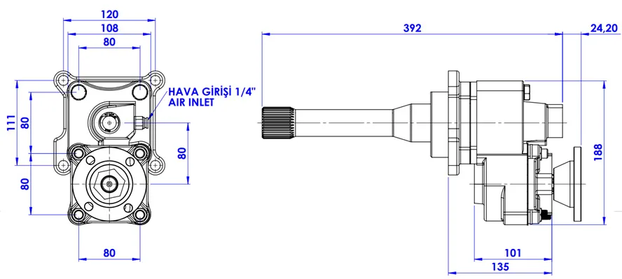 CTM 008 ADF PTO teknik çizimi — kesit, ölçü ve montaj şeması