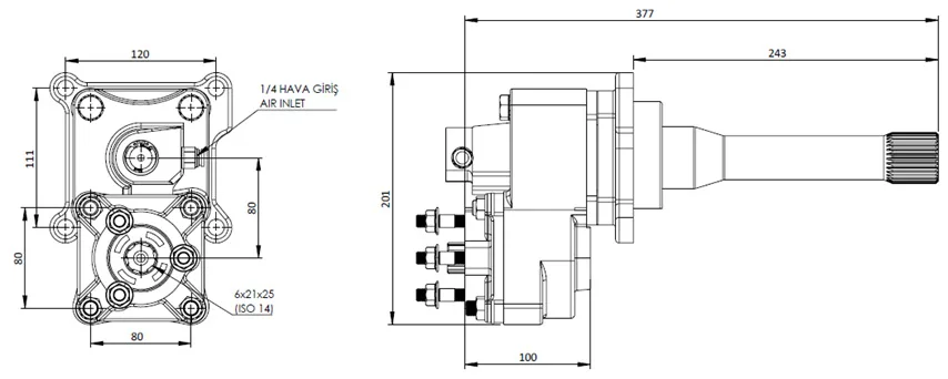 CTM 008 AEF PTO teknik çizimi — kesit, ölçü ve montaj şeması