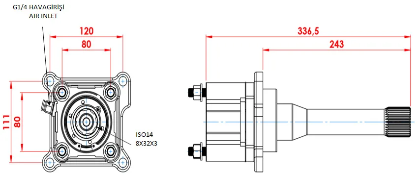 CTM 008 TAC1F PTO teknik çizimi — kesit, ölçü ve montaj şeması