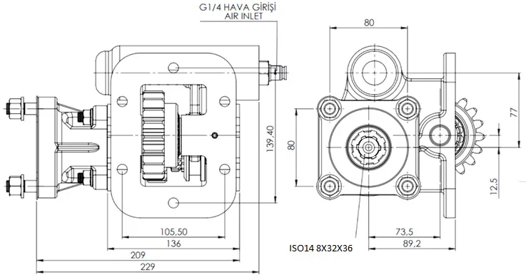 CTM 010 AC1 PTO teknik çizimi — kesit, ölçü ve montaj şeması