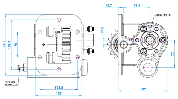 CTM 010 AC2 PTO teknik çizimi — kesit, ölçü ve montaj şeması