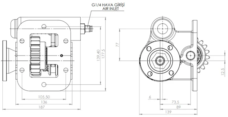 CTM 010 AD PTO teknik çizimi — kesit, ölçü ve montaj şeması
