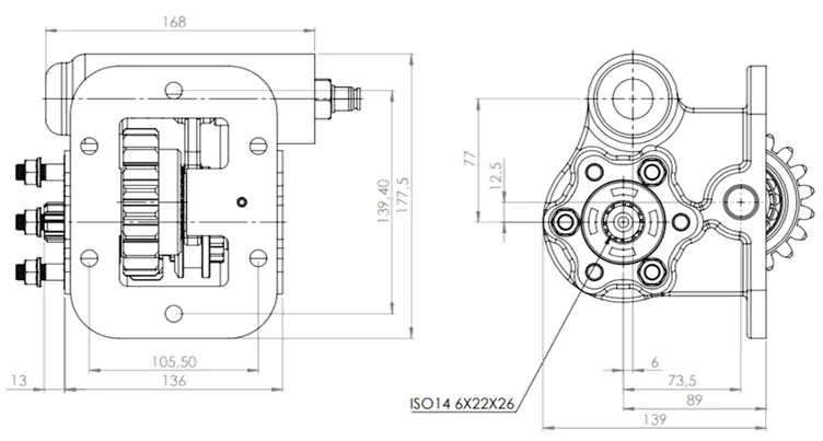 CTM 010 AE PTO teknik çizimi — kesit, ölçü ve montaj şeması