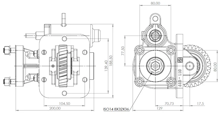 CTM 011 BC1 PTO teknik çizimi — kesit, ölçü ve montaj şeması