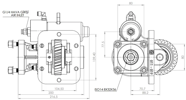 CTM 011 BC1 KV PTO teknik çizimi — kesit, ölçü ve montaj şeması