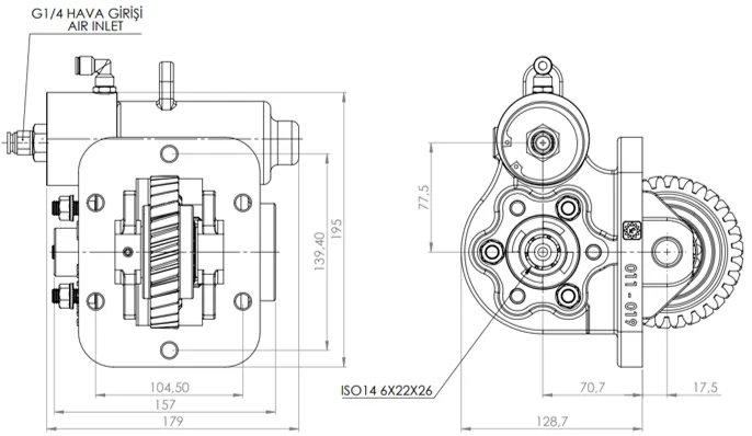 CTM 011 BC2 KV PTO teknik çizimi — kesit, ölçü ve montaj şeması