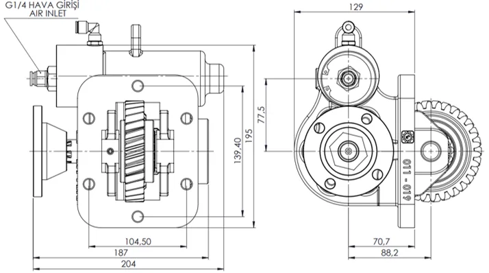 CTM 011 BD KV PTO teknik çizimi — kesit, ölçü ve montaj şeması