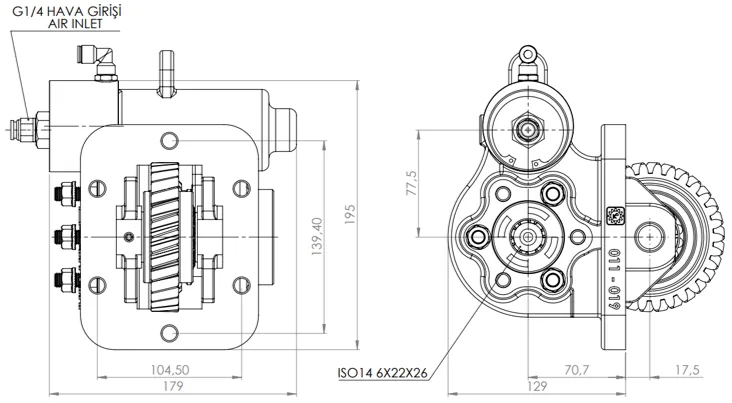 CTM 011 BE KV PTO teknik çizimi — kesit, ölçü ve montaj şeması