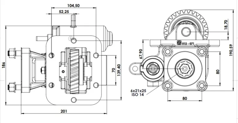 CTM 012 BC1 PTO teknik çizimi — kesit, ölçü ve montaj şeması