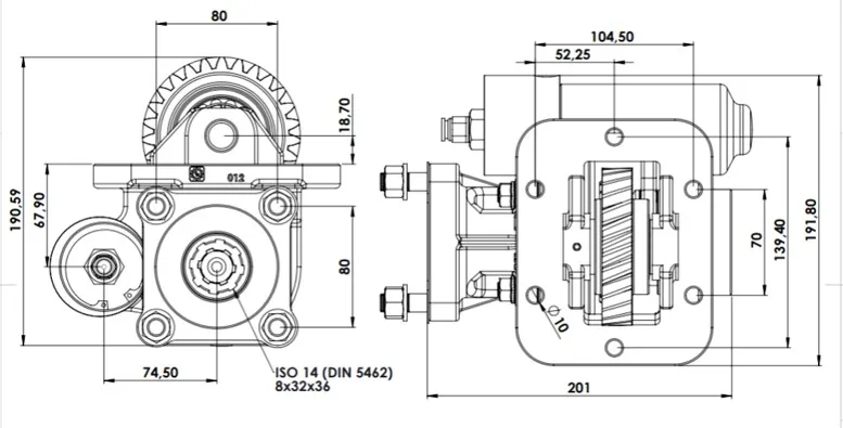 CTM 012 BC1 KV PTO teknik çizimi — kesit, ölçü ve montaj şeması