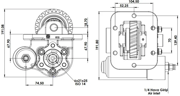 CTM 012 BC2 KV PTO teknik çizimi — kesit, ölçü ve montaj şeması